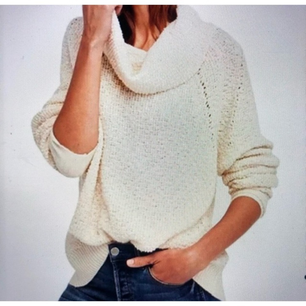 Free People Cream By Your Side Cowl Neck Oversized Loose Knit Sweater Sz M